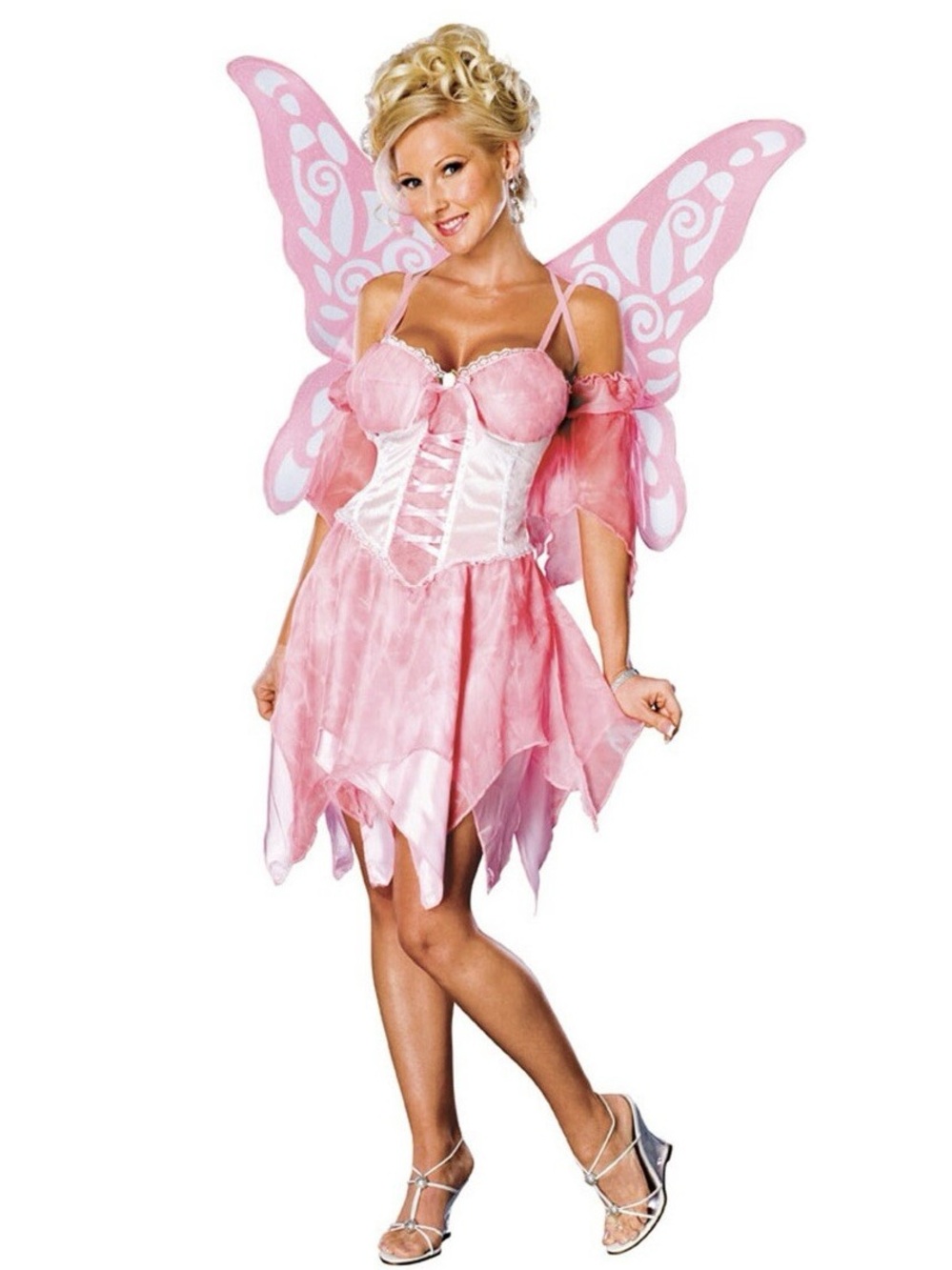 Sugar Plum Fairy Halloween costume in pink with white swirls and large wings